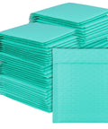 Stack of teal 5x6 inch poly bubble mailers with self-seal adhesive, waterproof padded shipping bags for secure item protection, 100 count