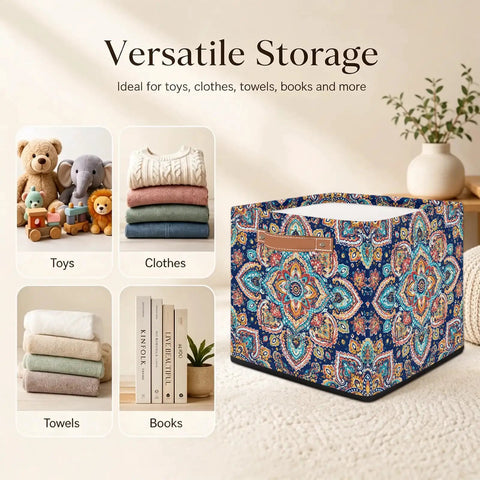Foldable Paisley Mandala Storage Basket 13 Inch Cube With Reinforced Handles Waterproof Laundry Bin for toys, clothes and towels.