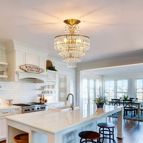 Crystal Gold Chandelier Ceiling Light With E12 Base, Modern Semi Flush Mount Fixture illuminating a kitchen and dining area