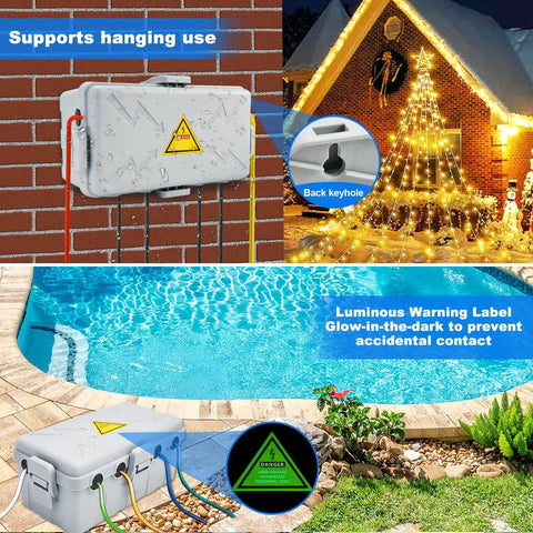 Heavy Duty Weatherproof Outdoor Electrical Box And Extension Cord Cover With Six Rugged Cable Ports supports hanging use by pool.