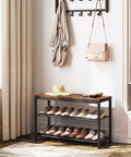 Industrial Three Tier Shoe Bench Organizer with Mesh Shelves in Rustic Brown Finish 29.5 Inches Entryway Storage Seat in hallway