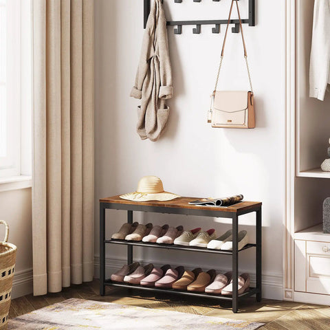 Industrial Three Tier Shoe Bench Organizer with Mesh Shelves in Rustic Brown Finish 29.5 Inches Entryway Storage Seat in hallway