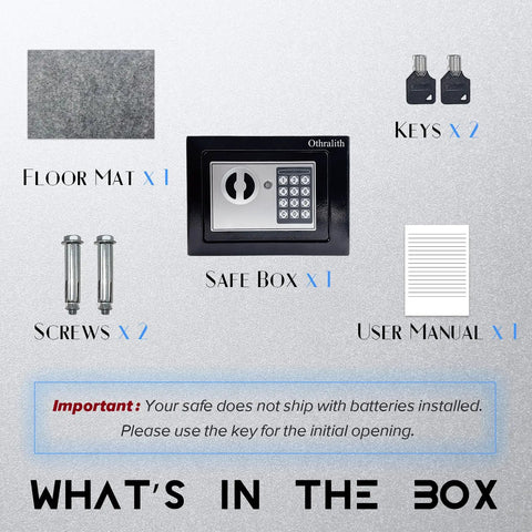 Image showing contents of Compact Hidden Safe Box For Money And Valuables With Keys And Digital Code, including safe, keys, screws, mat, and manual.