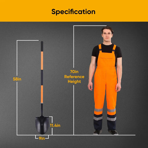 Heavy Duty Garden Shovel With 58 Inch Long Handle Round Point Steel Blade And Powder Coated Finish Orange Fiberglass Handle shown