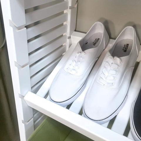 Heavy Duty Solid Wood Closet Storage Rack With Wide Shelves And Hanging Rods Straight Up Kickin Up Your Reach In Space Cut To Fit Any Pantry Or Laundry Closet White displaying white shoes on a shelf.