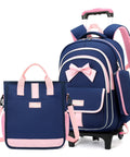 Girls Rolling Backpack Set Three Piece With Bowknot Design Wheels And Lunch Tote Handbag Trolley Bag For Elementary School Use Large Capacity