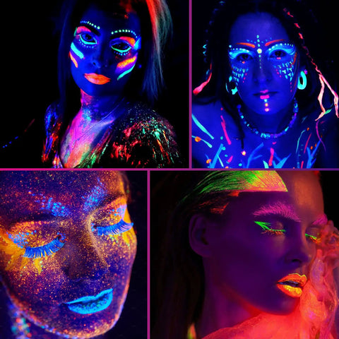People with fluorescent makeup in UV light highlighting Dope 66ft Black Light LED Strip Kit With 1200 LEDs 385nm-400nm UV Range 12V Tape.