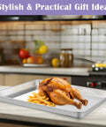Large Stainless Steel Baking Sheet With Wire Rack Set 20x14 Inch featuring roasted chicken and fries