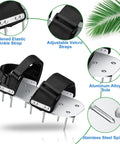 Illustration of super easy manual lawn aerator shoes with aluminum soleplate and stainless steel spikes, showing adjustable straps.