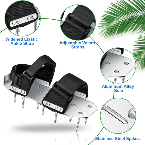 Illustration of super easy manual lawn aerator shoes with aluminum soleplate and stainless steel spikes, showing adjustable straps.