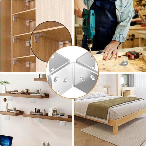 40 Pack Stainless Steel L Brackets 2 Inch Corner Braces Heavy Duty Shelf Supports Rust Proof Angle Braces For Wood Furniture Drywall Anchors Smooth Silver Finish showing installation in furniture.