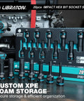 Impact Hex Bit Socket Set Half Inch Drive S2 Alloy Steel 20 Piece Metric And SAE displayed with XPE storage case