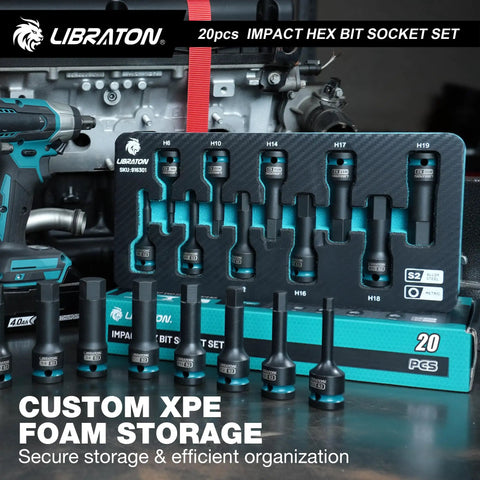 Impact Hex Bit Socket Set Half Inch Drive S2 Alloy Steel 20 Piece Metric And SAE displayed with XPE storage case