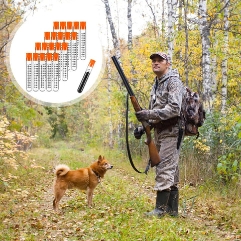 Hunter with dog beside 10 Pack Charge Tubes For Precision Quick Reloads Black Powder Accessories and fall forest backdrop