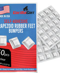 Heavy Duty Self Adhesive Rubber Feet 50 Pack Clear Trapezoid Bumper Pads with packaging and product details visible.