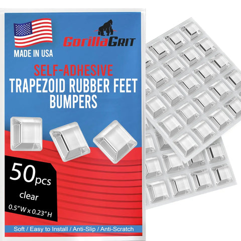 Heavy Duty Self Adhesive Rubber Feet 50 Pack Clear Trapezoid Bumper Pads with packaging and product details visible.