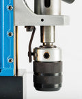 Heavy Duty Magnetic Drill Press With QuickHitch Arbor And Two Geared Speeds For Precision Metal Cutting close-up of drill chuck assembly.