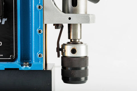 Heavy Duty Magnetic Drill Press With QuickHitch Arbor And Two Geared Speeds For Precision Metal Cutting close-up of drill chuck assembly.