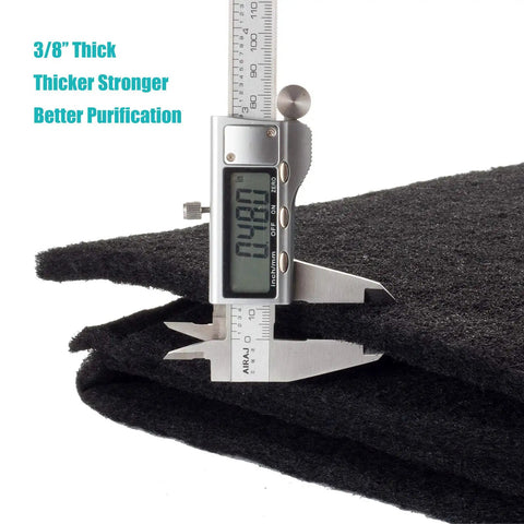 Extra Thick 3/8 Inch 16x50 Activated Carbon Filter Sheet With MERV 7 shown with caliper for thickness measurement