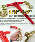 Heavy Duty 3/8 To 1/2 Inch Chain Binder Set With 20 Foot 3/8 G70 Transport Chain, Ratchet Load Binder, Grappling Hook Ends, 9,200 Lbs Working Load Limit, Secure Tie Downs For Trucks And Flatbeds showing red ratchet handle and steel hooks.