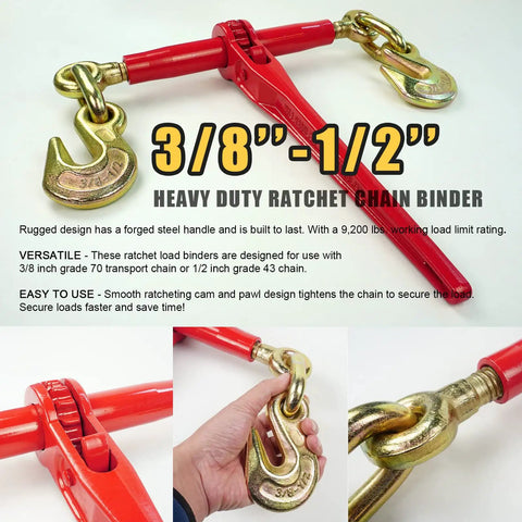 Beefy Heavy Duty Ratchet Load Binder Set for 3/8 to 1/2 inch chain with clevis grab hooks, red handle detail