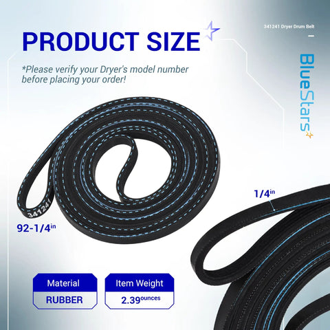 Dryer Drum Belt Replacement 341241 For Whirlpool Kenmore Roper Amana Dryers showing product size and material details.