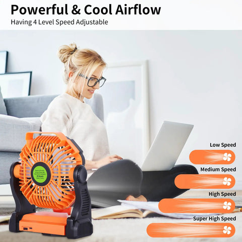 Portable USB Camping Fan With 20000mAh Battery Cordless Rechargeable Personal Fan With LED Light And Hanging Hook shown indoors