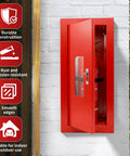 Sleek Semi Recessed Fire Extinguisher Cabinet With Quick Access Safety Door Snug Wall Mount For 2.5 To 10 Lb Units, red finish.