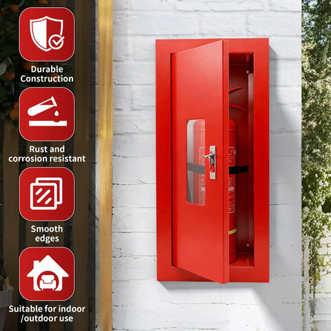 Sleek Semi Recessed Fire Extinguisher Cabinet With Quick Access Safety Door Snug Wall Mount For 2.5 To 10 Lb Units, red finish.