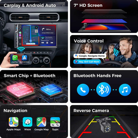 Features of Double Din Car Stereo With 7 Inch HD Touchscreen Wireless Apple CarPlay And Android Auto Bluetooth 240W SWC Subwoofer Output