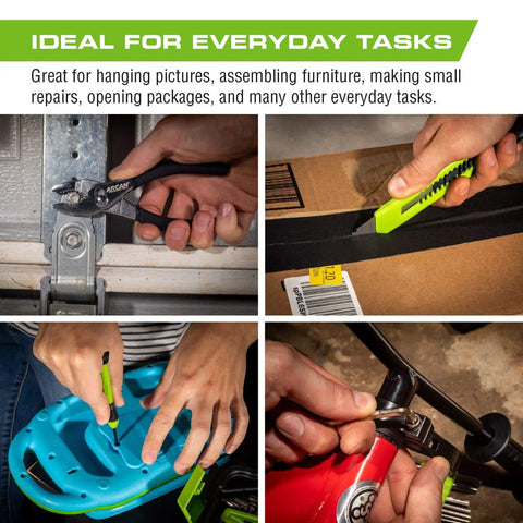 39 Piece Home Hand Tool Kit For Everyday Household Repairs At Home Office Apartment Or Dorm with tools in use for everyday tasks