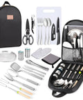 Ultimate Camping Cooking Utensils Set For Outdoors With Portable Stove Kit and Kitchen Gear displaying utensils and carrying case