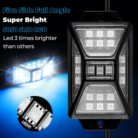Close-up of 12 Pods 252 LEDs 5 Sides RGB Rock Lights With App And 2 Remote Control For Trucks, waterproof and super bright design.