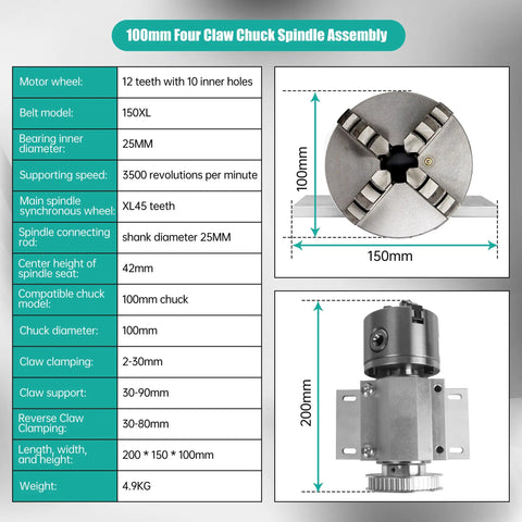 Technical diagram of 100mm No Power Multi Function Lathe Chuck Spindle Assembly for CNC Lathe Grinder Drill Press with four jaw