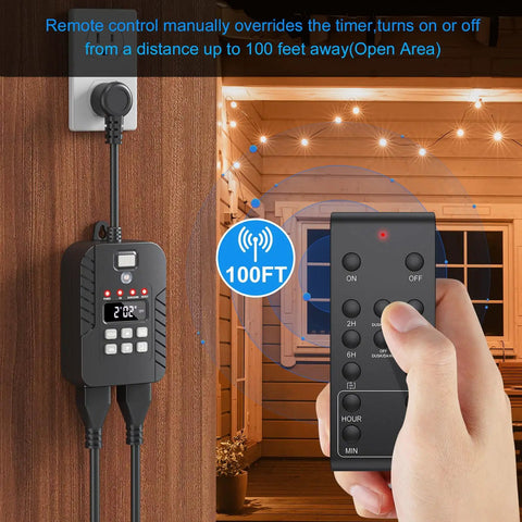 Heavy Duty Outdoor Light Timer Waterproof With Remote 15Amp Dual Grounded Outlet 24 Hour Digital Auto On Off Switch 100 Ft Range remote control and unit