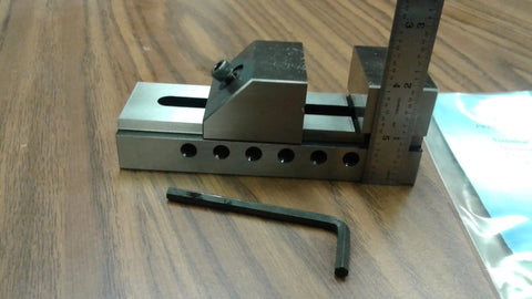 Beefy 2 By 5-1/2 Inch Tool Maker's Precision Screwless Vise 705-02 New Built From Tool Steel With Square And Parallel Accuracy To 0.0005 Inch, Jaw Width 2 Inches, Opening 2 Inches, Length 5-1/2 Inches, Heavy Duty Craft Bench Vise. tool steel vise shown with ruler and hex key
