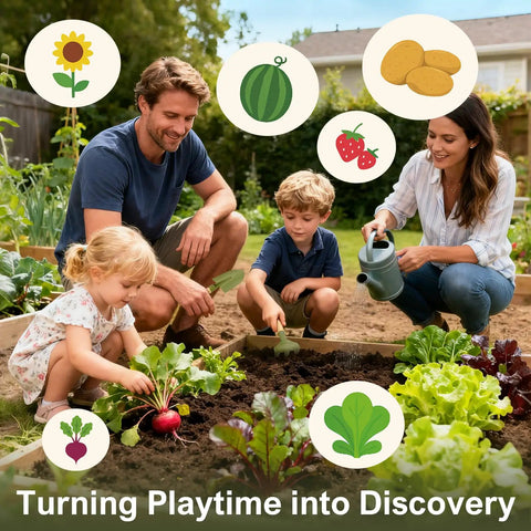 Family gardening together using Kids Gardening Tools And Bug Catcher Kit Two In One Outdoor Toys With Wheelbarrow And Bug House