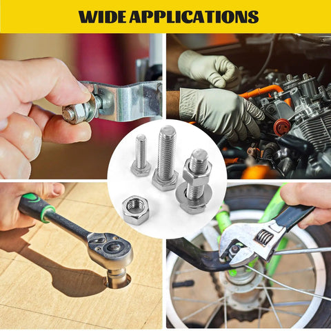 260 Piece Hex Bolts Nuts And Washers Kit Stainless Steel For DIY Repairs with images of usage in various applications.