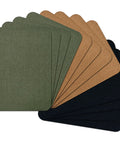 12-Pack Iron On Fabric Patches For Clothes And Outerwear, Heavy Duty Glue Backing, Cotton Front, Black Army Green Camel
