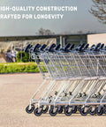 Row of shopping carts with 5 Inch Shopping Cart Replacement Wheels Kit With Dual Precision Bearings, Polyurethane Wheels Set Of 4 For Light To Medium Duty Use.