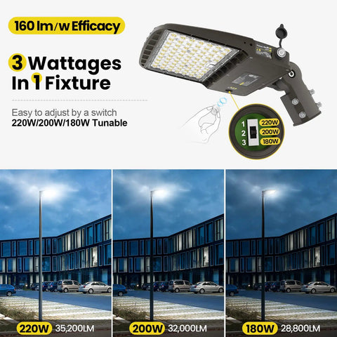 LED Parking Lot Light 180W 200W 220W Switchable, heavy duty with dusk-to-dawn sensor and slip fitter, outdoor use