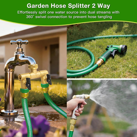 Solid Brass Two Way Hose Splitter With 360 Degree Swivel Outlets And Three Quarter Inch GHT Connection For Garden Use Rust Resistant Freeze Proof Easy To Attach To Standard Faucets Built To Last on outdoor faucet with two hoses