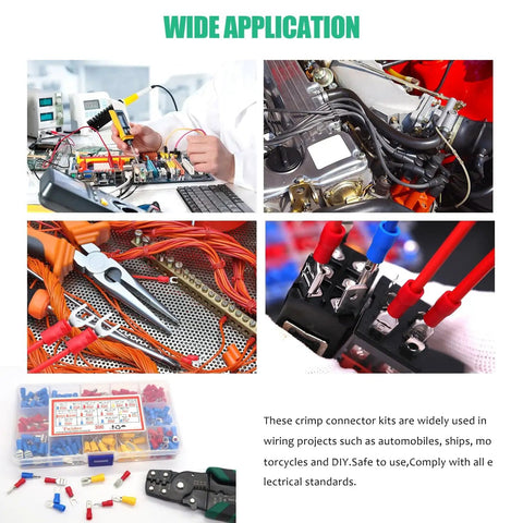Insulated Spade Crimp Connector Kit 300Pcs 16 Types terminals shown in use with wire stripper and labeled storage box