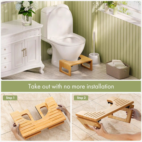 7 Inch Bamboo Toilet Stool for Adults, Foldable Squat Potty for Bathroom, 0.79 Inch Thick, Non Slip Grip displayed in bathroom