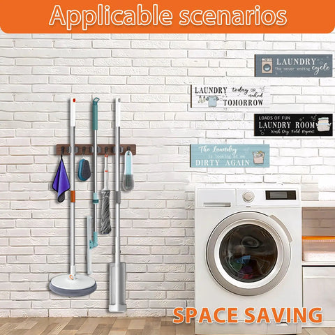 Rustic Wood Wall Mount Broom Mop Holder Organizer With 3 Racks And 4 Hooks in laundry room next to washing machine