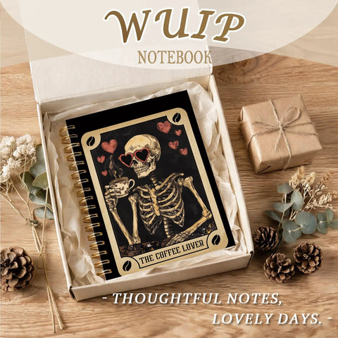 Gothic Skull Tarot Card Journal Spiral Notebook For Work And Witchy Vibes, gift box with skull and coffee design