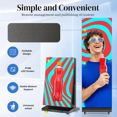 Slick Big 80 Inch P1.86 Flexible Led Screen Digital Signage Display Black Duo Pack showcasing vibrant graphics and foldable design.