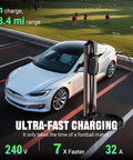 Chill Plug And Play Level 2 Ev Charger For Tesla Featuring 32 Amp Fast Charge 25 Foot Cable Nacs on a charging station next to a Tesla.