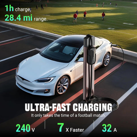 Chill Plug And Play Level 2 Ev Charger For Tesla Featuring 32 Amp Fast Charge 25 Foot Cable Nacs on a charging station next to a Tesla.