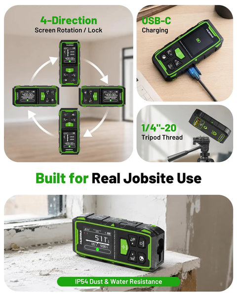 Nailing Every Job With This Upgraded Dual Laser Distance Meter Brings 395 Foot Range And Blazing Green Beams For Rock Solid 1/16 Inch Readings Plus Smooth Phone App Pairing